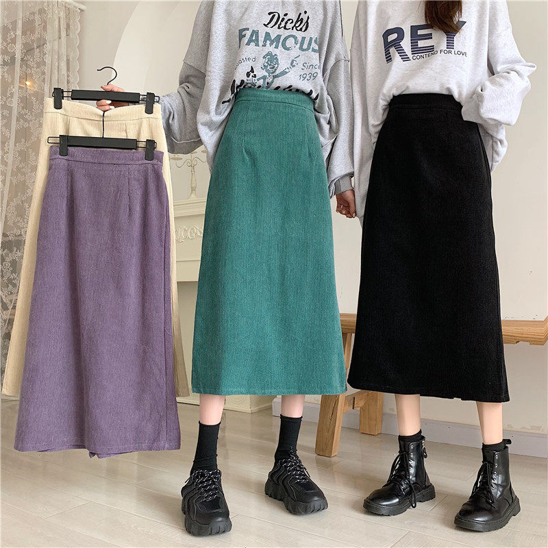 大码复古灯芯绒半身裙女秋冬中长款包臀裙显瘦遮胯开叉一步裙长裙