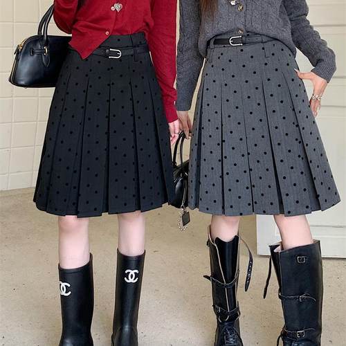 植绒波点中长款百褶半身裙学院风