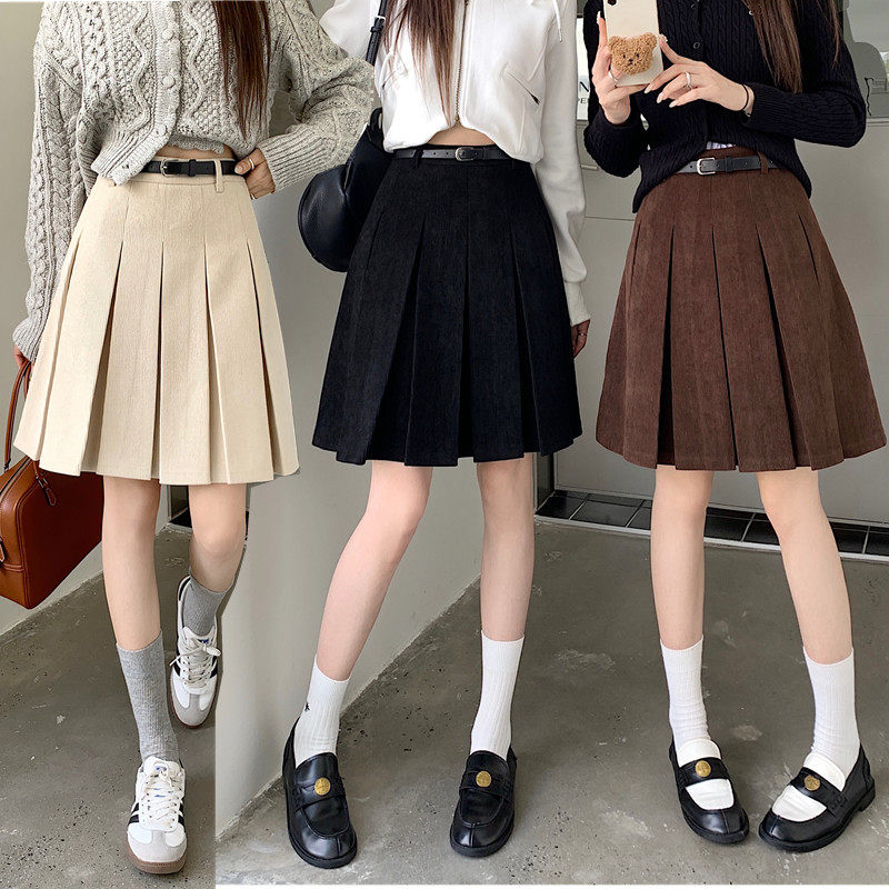 咖色灯芯绒百褶裙女秋冬中长款大码高腰显瘦a字短裙超好看半身裙