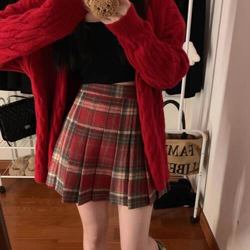 学院风毛呢红格子百褶裙女半身裙