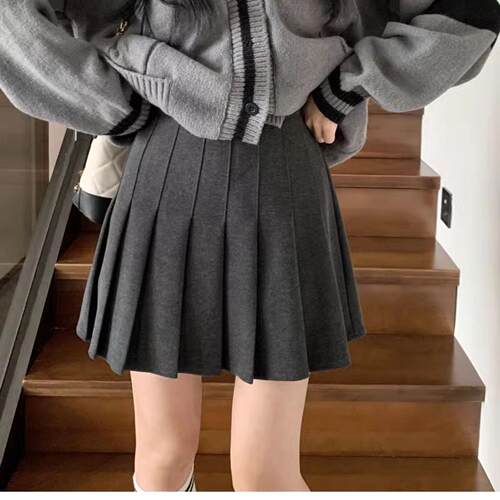 灰色毛呢百褶裙学院风防走光短裙
