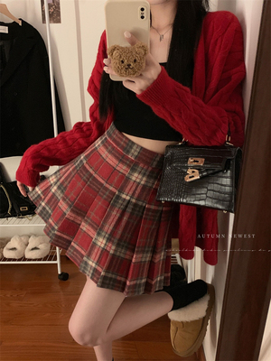 红色格子毛呢百褶裙防走光半身裙