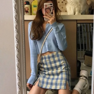 半身裙女春夏新款 胖mm高腰显瘦遮胯裙子bm格子短裙 a字包臀裙大码