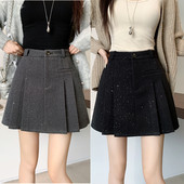 大码 亮闪闪加厚毛呢百褶裙女秋冬小香风亮片a字短裙防走光半身裙