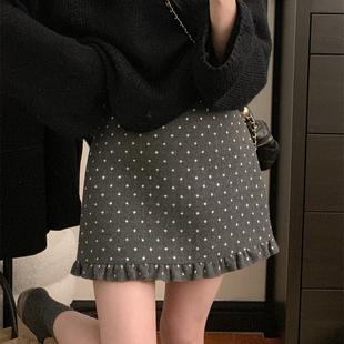 大码灰色波点毛呢半身裙秋冬高腰减龄花边包臀鱼尾裙显瘦A字短裙