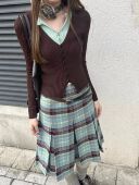 半身裙 高腰学院风A字半裙格子中长款 法式 复古绿格纹百褶裙春夏季