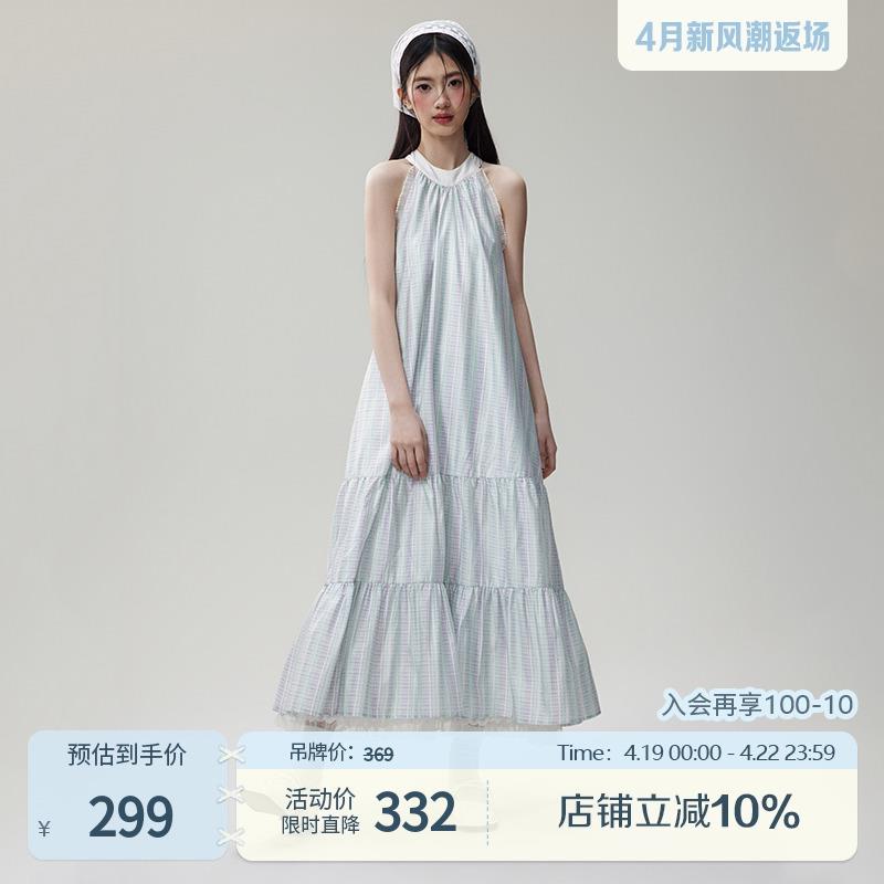 umoumo乌蘑(原ntot)夏季格纹抽皱裙子蝴蝶结挂脖连衣裙温柔收腰长