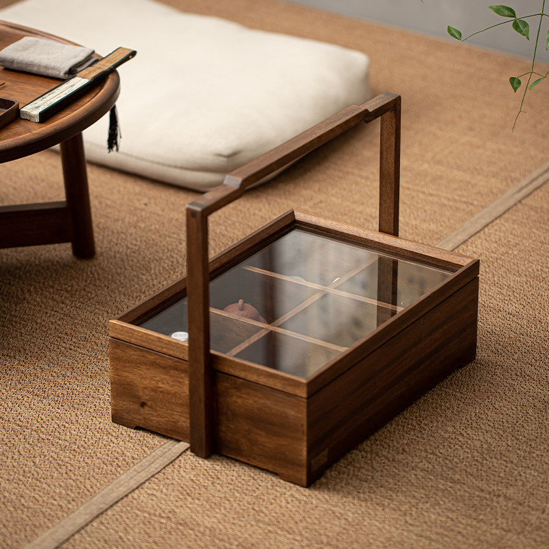 胡桃木户外旅行便携收纳提篮茶具茶叶点心糕点水果盘果篮玻璃防尘