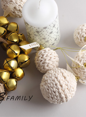 圣诞装饰品红色米白棉绳吊球挂球圣诞树装饰材料球形摆件套装节日