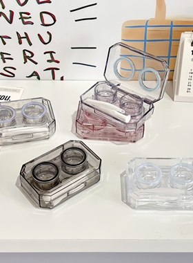 无需拧盖ins隐形眼镜盒便携透明迷你简约一体伴侣盒美瞳双联盒B83