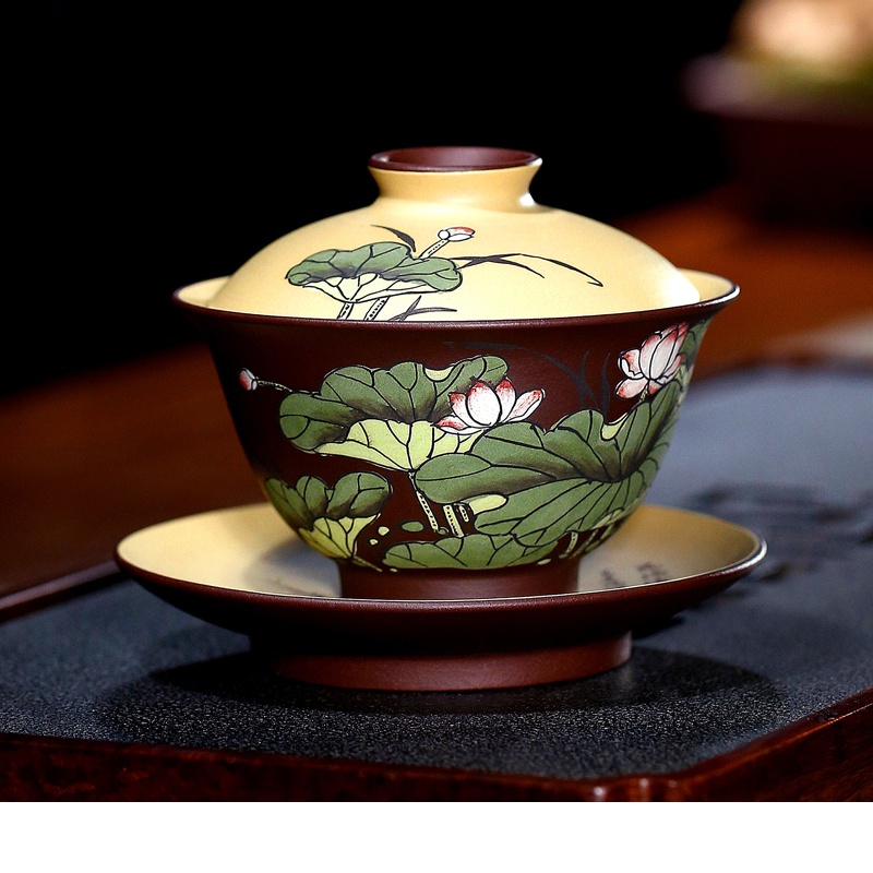 纯手工紫砂三才盖碗茶杯大号敬茶泡茶碗陶瓷功夫套装单个茶道茶具
