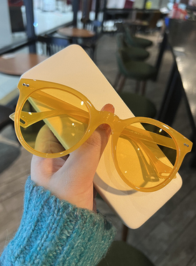 复古韩版新款太阳圆形墨镜女潮个性黄色眼镜男圆脸欧美网红同款潮