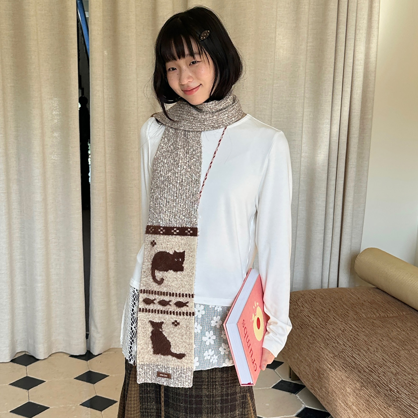 卡其色可爱猫咪提花针织围巾女氛围感秋冬季保暖护颈百搭学生围脖