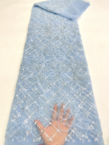 新款珠管绣重工立体盘花高档礼服蕾丝布料精美亮片绣5码yard特价