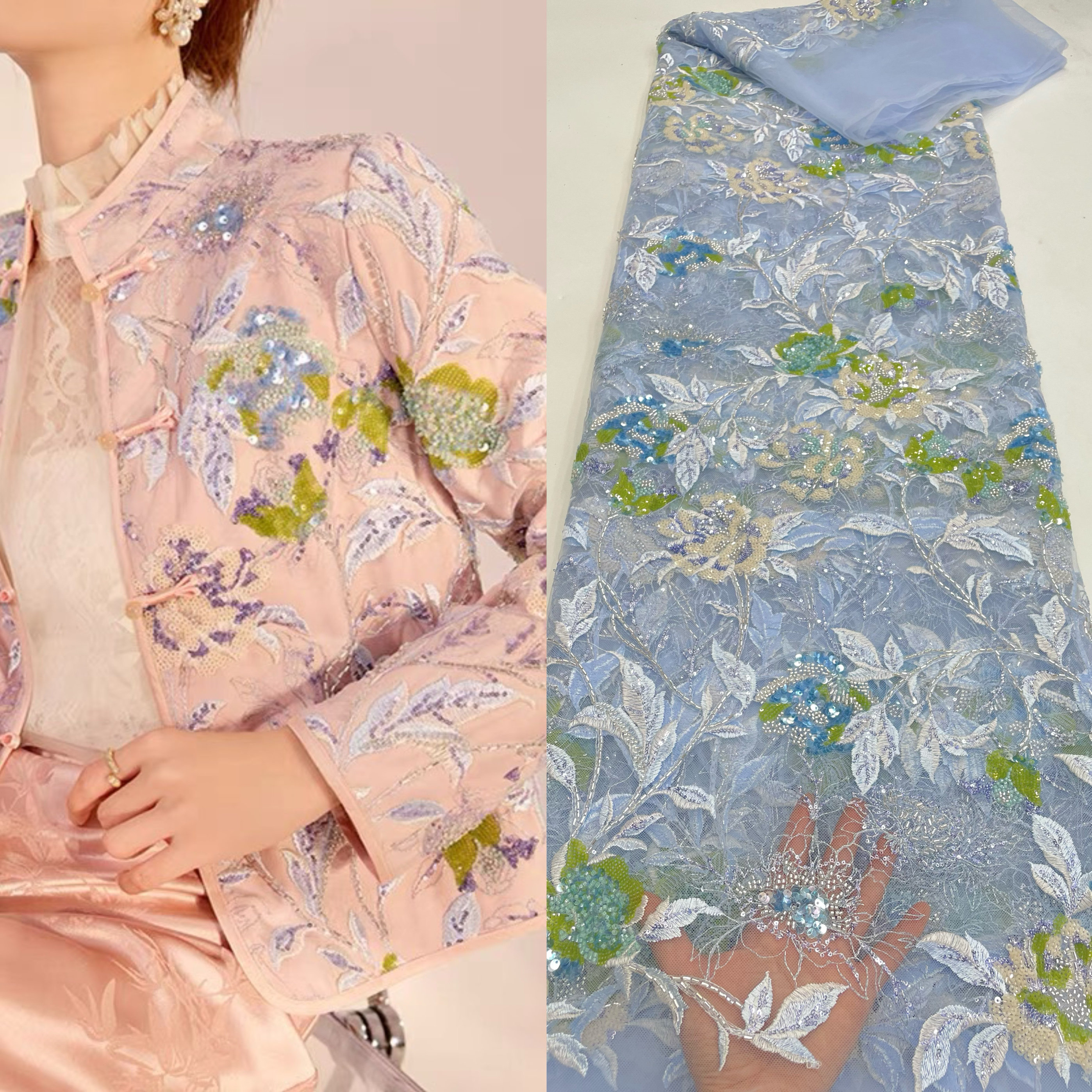重工粉色多色珠管亮片面料精品刺绣花边蕾丝晚礼服婚纱旗袍lace5Y