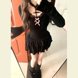辣妹包臀短裙 修身 纯欲性感黑色蕾丝蝴蝶结连衣裙子女秋季 2025新款