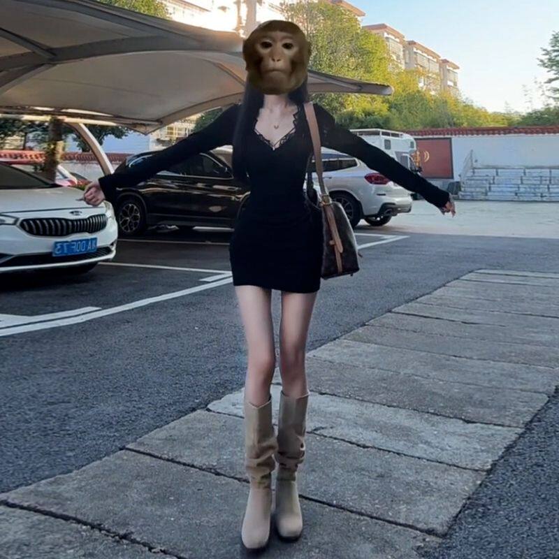 早秋御姐黑色蕾丝连衣裙子女装秋连衣裙