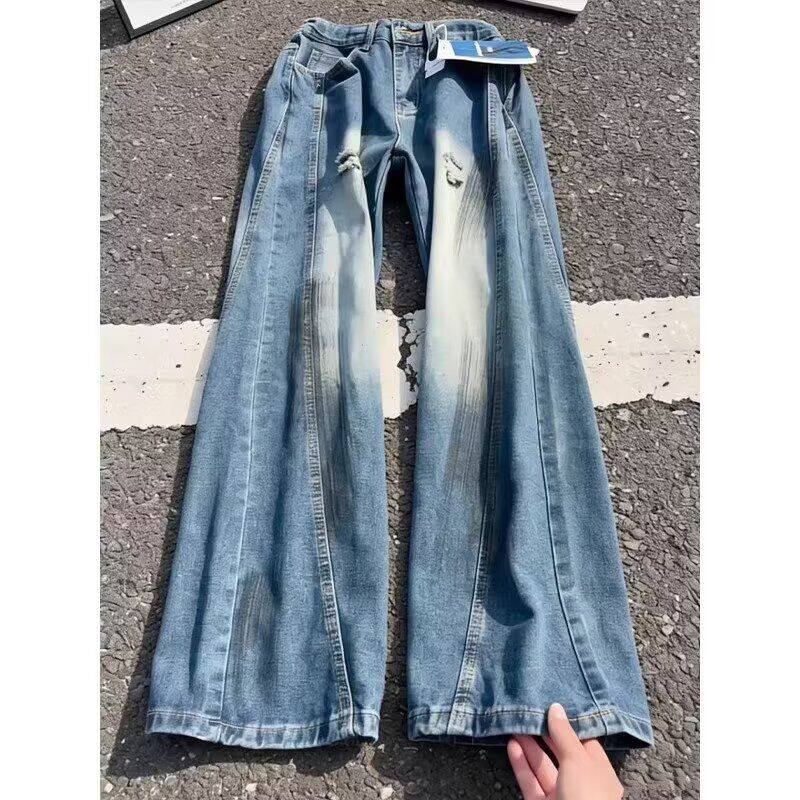 美式假破洞泼墨弯刀牛仔裤男款高个子斜切扎染裤子显瘦直筒阔腿裤