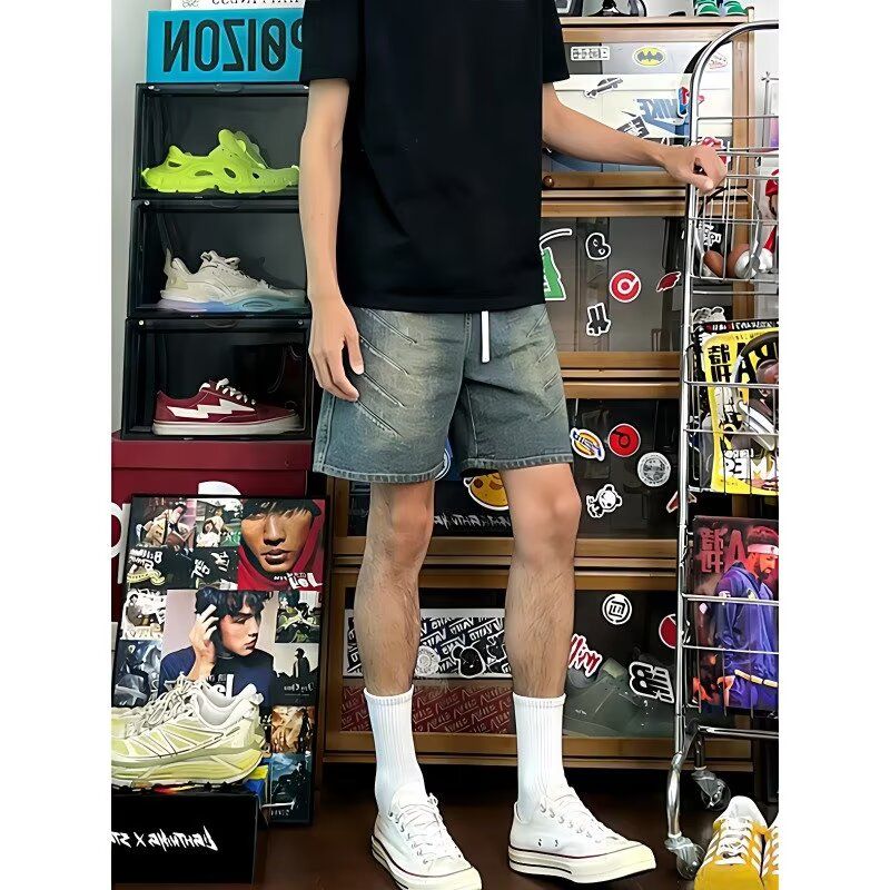 蓝色美式高街工装牛仔短裤男夏季潮牌休闲宽松五分裤健身运动裤子