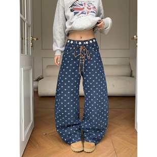 美式复古星星满印绑带牛仔裤女宽松显瘦百搭弯刀阔腿拖地长裤子潮