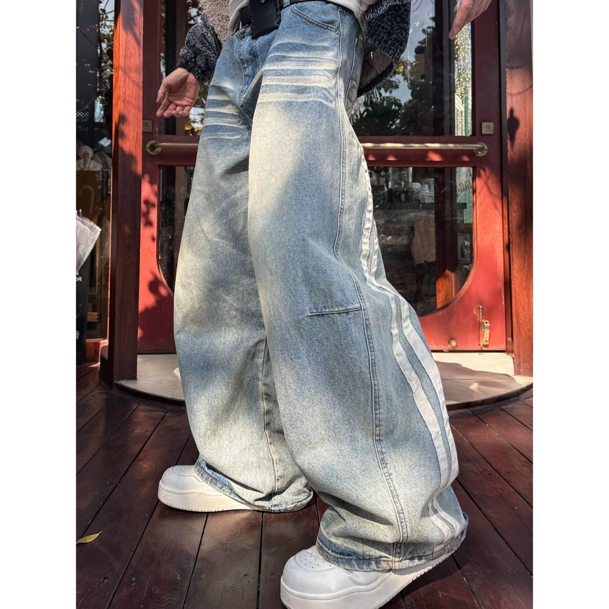 美式复古做旧条纹拼接猫须弯刀牛仔裤男小众设计感宽松阔腿拖地裤,男装,牛仔裤,淘宝优惠券,粉丝福利购,淘宝优惠卷