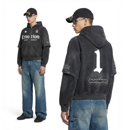 Remedy美式复古水洗做旧连帽卫衣男女潮牌宽松假两件拉链开衫外套