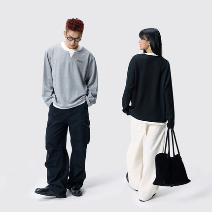Remedy 华夫格叠穿假两件长袖T恤男女秋季宽松慵懒情侣打底上衣