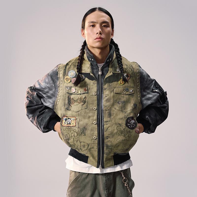 Remedy 冬季新款国潮印花拼接夹棉外套美式潮牌宽松bomber夹克男