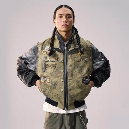 Remedy 冬季新款国潮印花拼接夹棉外套美式潮牌宽松bomber夹克男