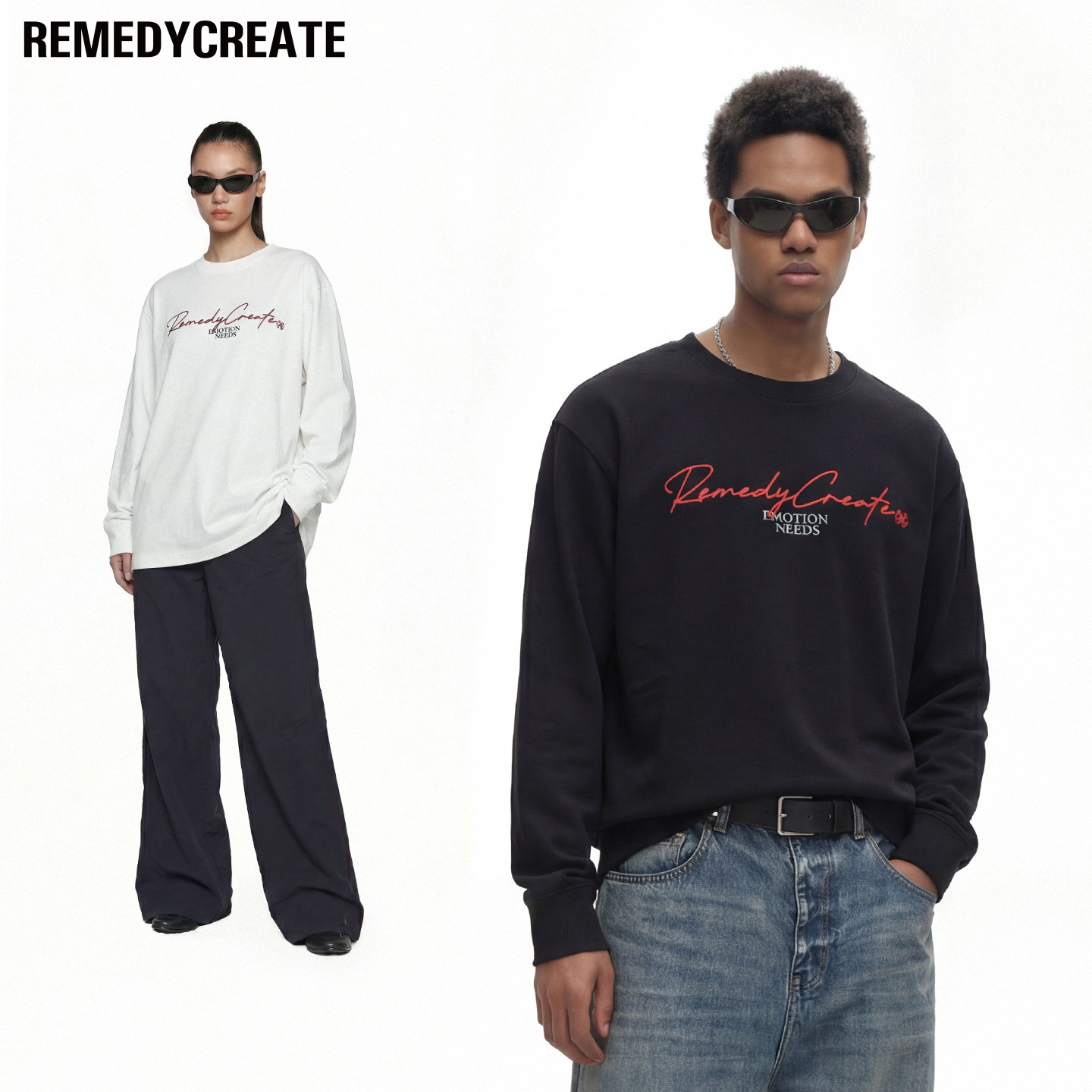 Remedy 春季美式街头潮牌宽松长袖T恤男女字母印花抽绳打底衫上衣