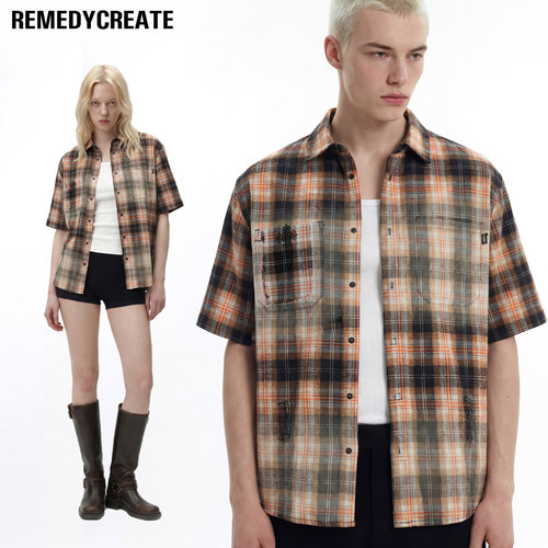 Remedy 美式复古做旧宽松格子短袖衬衫男女夏季潮牌休闲衬衣外套