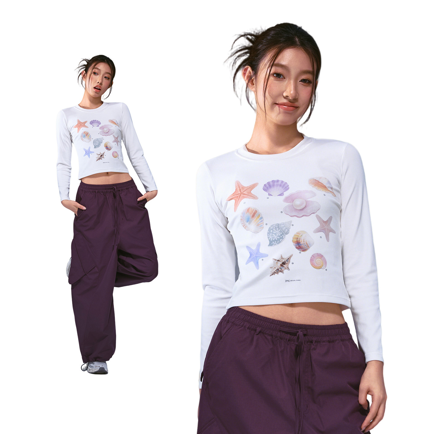 Remedy 美式贝壳印花正肩修身短款长袖T恤女秋季新款辣妹打底衫
