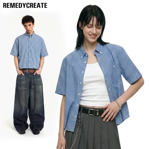Remedy 美式boxy版型短袖衬衫男女翻领纯棉宽松短款蓝白格子衬衣