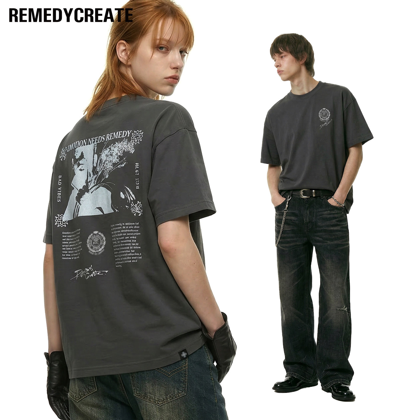 Remedy 夏季字母印花宽松圆领短袖T恤男女美式街头潮牌半袖体恤