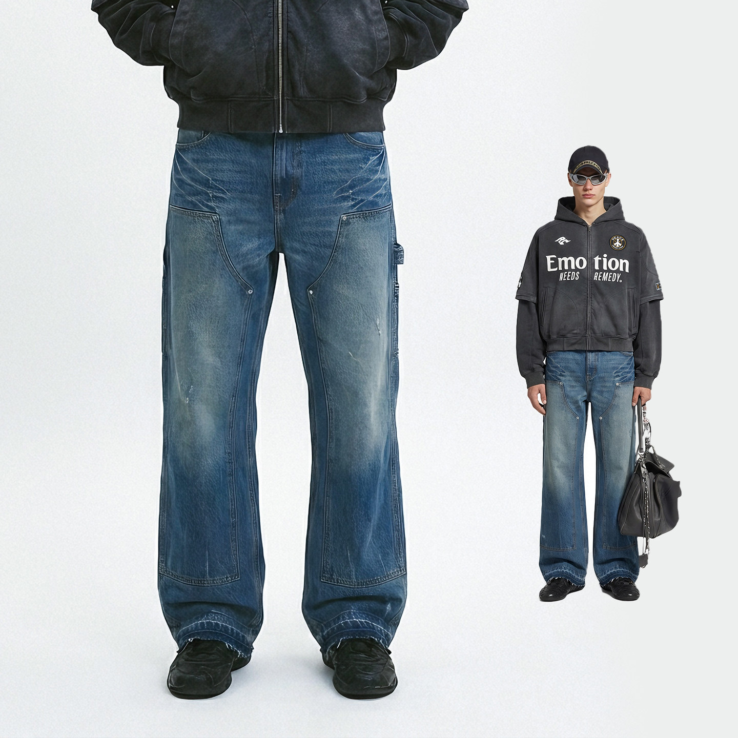 Remedy水洗做旧伐木双膝牛仔裤男女美式复古宽松直筒阔腿休闲长裤