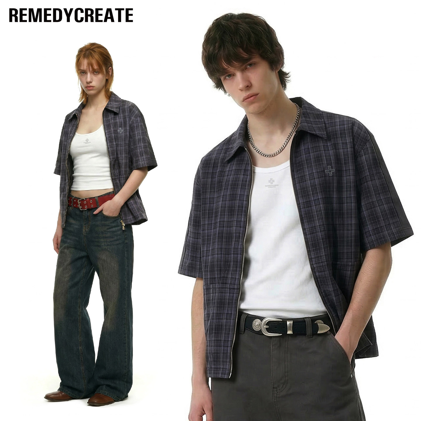 Remedy 复古拼接拉链格子短袖衬衫男女夏季宽松boxy fit上衣外套图片