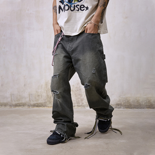 Remedy春秋款国潮水洗破洞流苏休闲长裤美式潮牌宽松直筒牛仔裤男