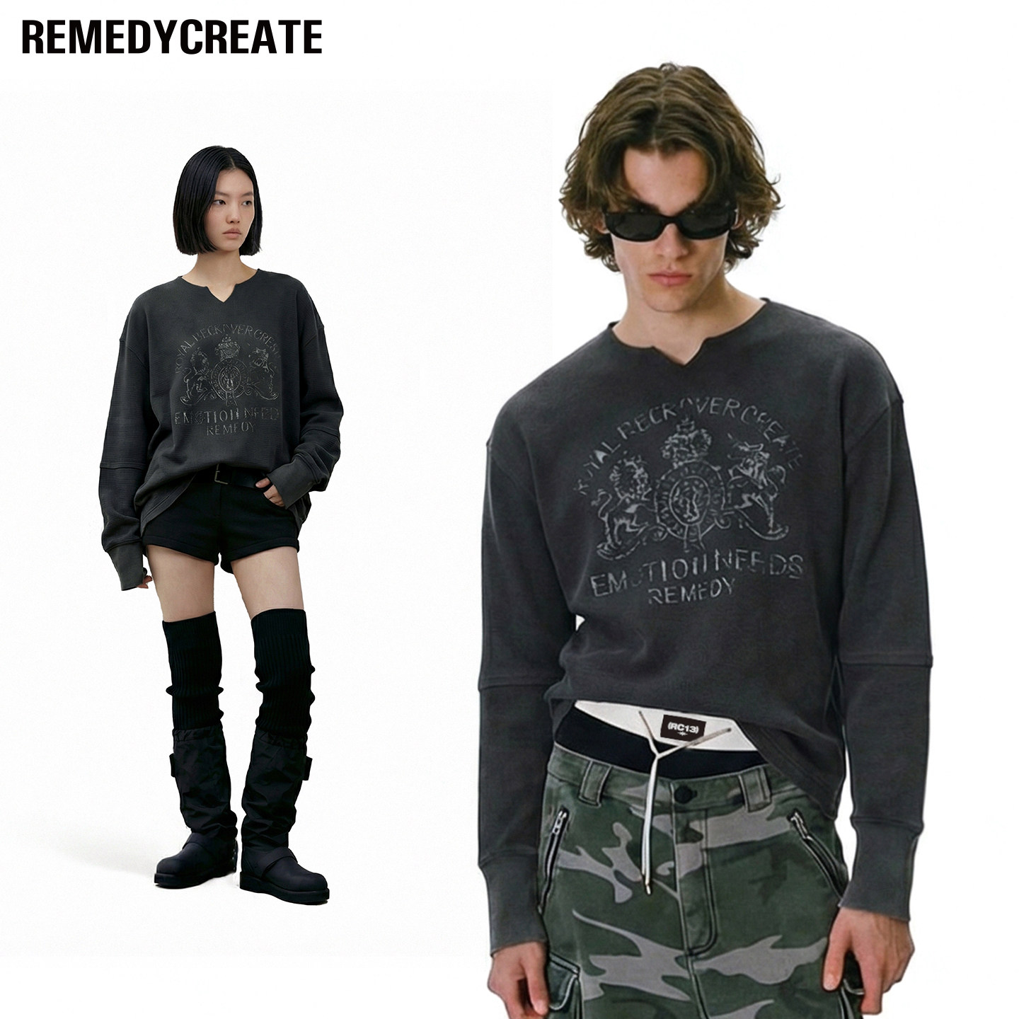 Remedy 美式复古做旧印花长袖T恤男女街头boxy短宽华夫格休闲上衣,男装,T恤,淘宝优惠券,粉丝福利购,淘宝优惠卷