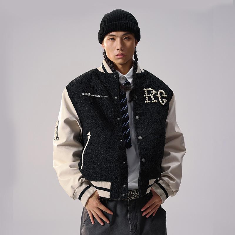 Remedy冬季新款国潮宽松休闲珍珠外套美式潮牌PU皮拼接棒球服男女