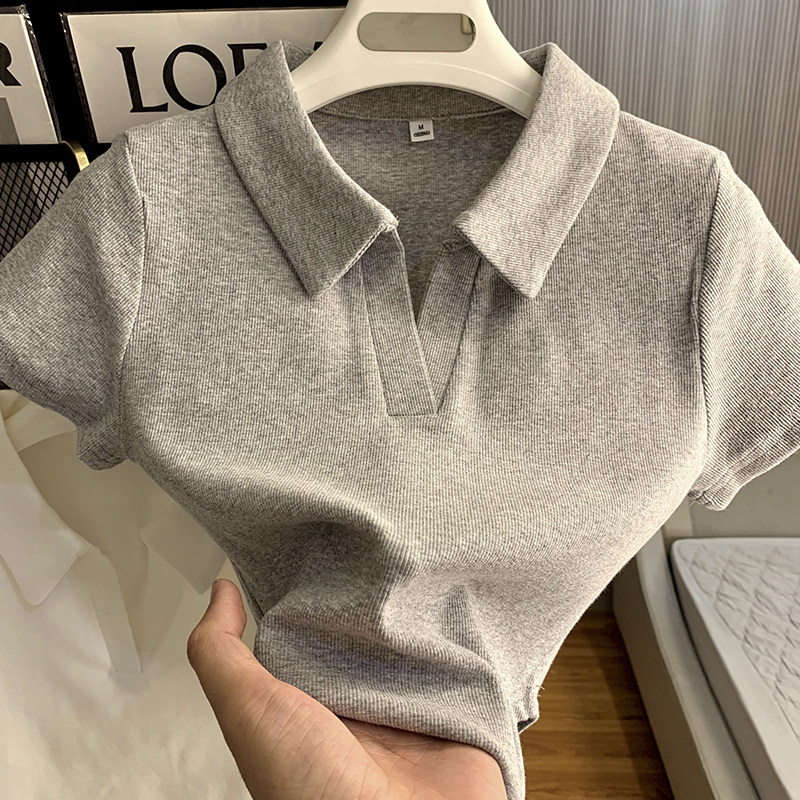 레트로 숄더 폴로 칼라 솔리드 컬러 반팔 티셔츠 여성 슬림 디자인 세련된 짧은 작물 탑 여름