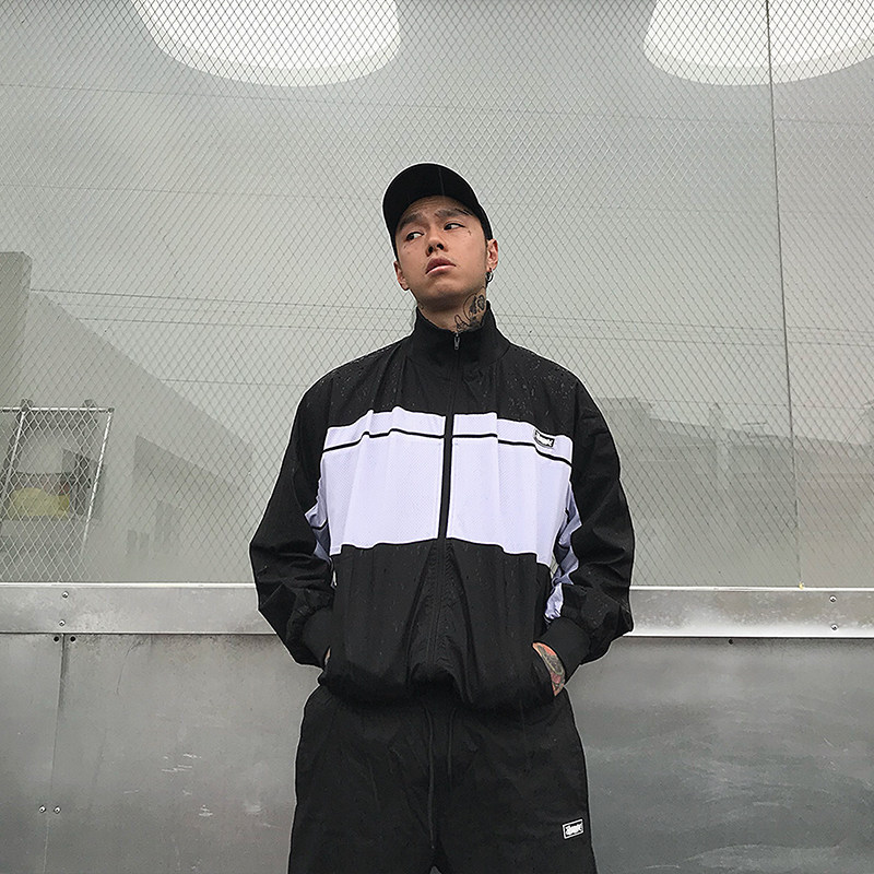 2020青春流行嘻哈街舞外套 bboy练舞宽松弹力黑色拉链运动风衣男