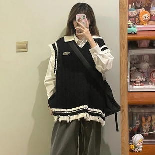 慵懒学院风设计感v领撞色流苏外穿针织毛衣马甲背心女衬衫 韩版 潮