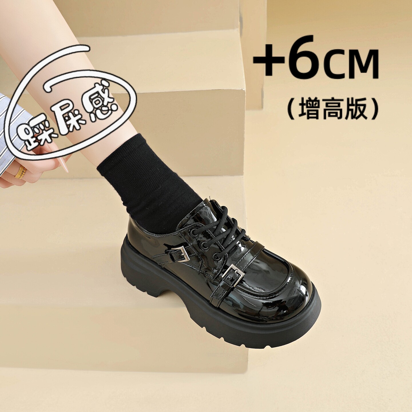 黑色漆系带百搭学院风单鞋小皮鞋图片