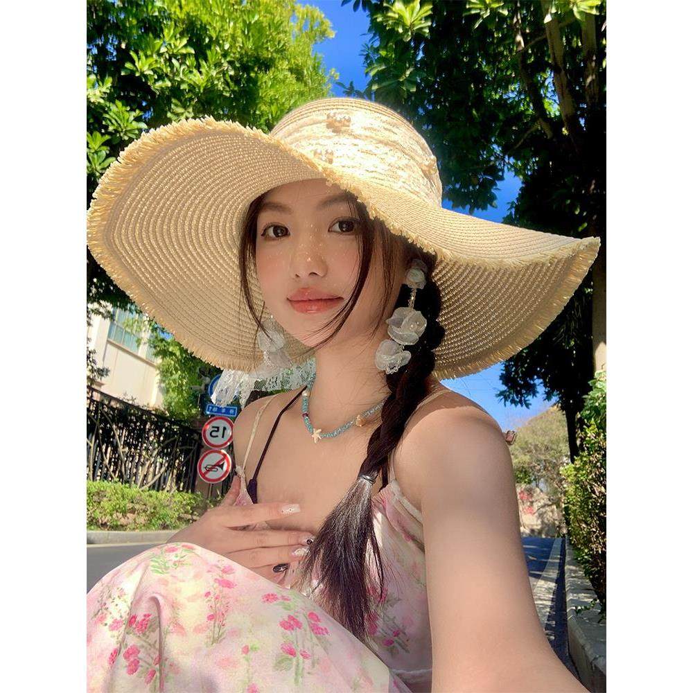 蕾丝蝴蝶结大帽檐沙滩草帽女2025年春新款海边遮阳防晒太阳帽子潮,服饰配件/皮带/帽子/围巾,帽子,淘宝优惠券,粉丝福利购,淘宝优惠卷