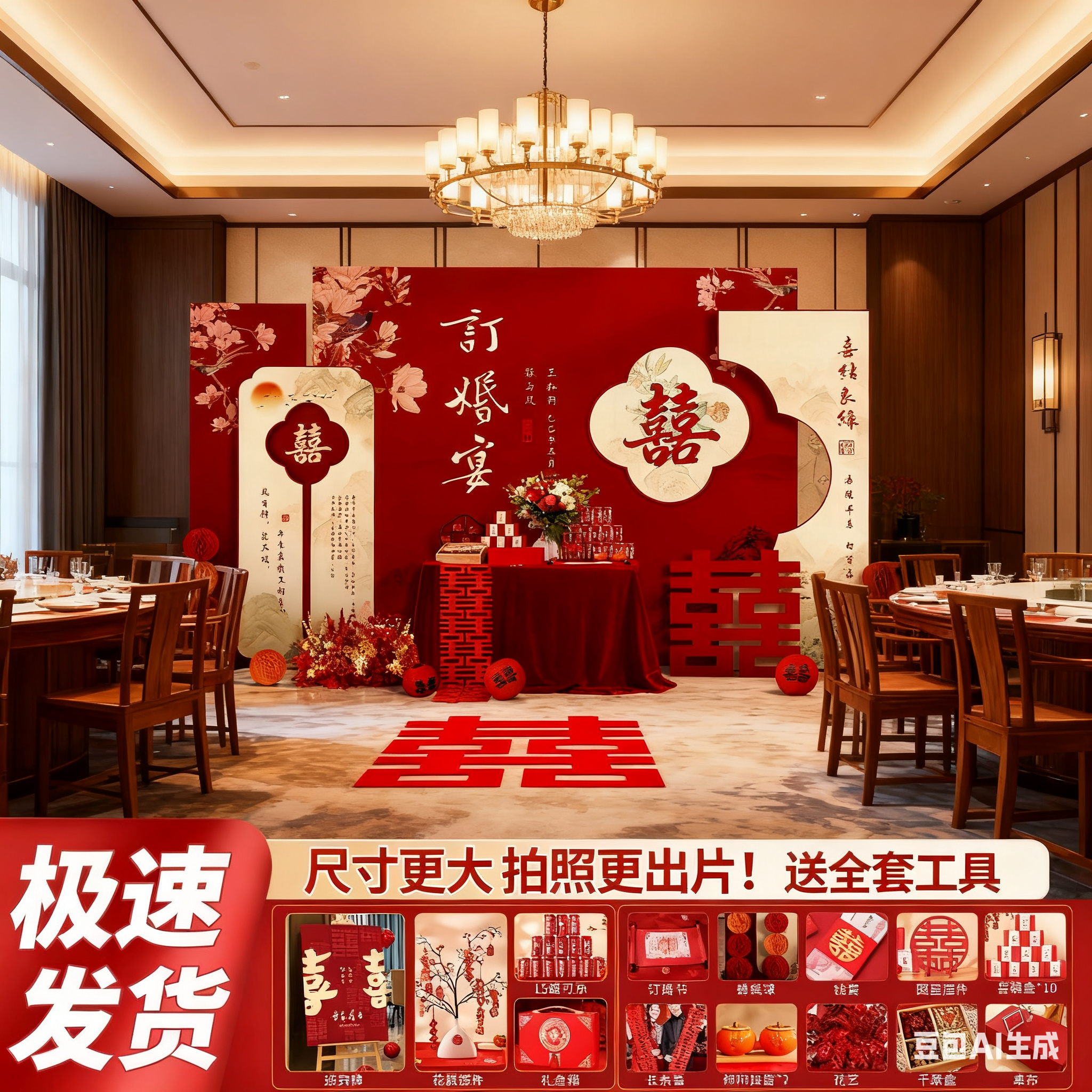 2026新中式订婚宴场景氛围布置装饰kt板背景墙高级感全套摆件定制,节庆用品/礼品,气球,淘宝优惠券,粉丝福利购,淘宝优惠卷