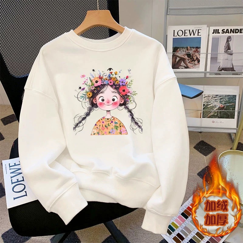 2025新款儿童圆领卫衣男女大童秋冬季宽松无帽外套白色加绒上衣潮