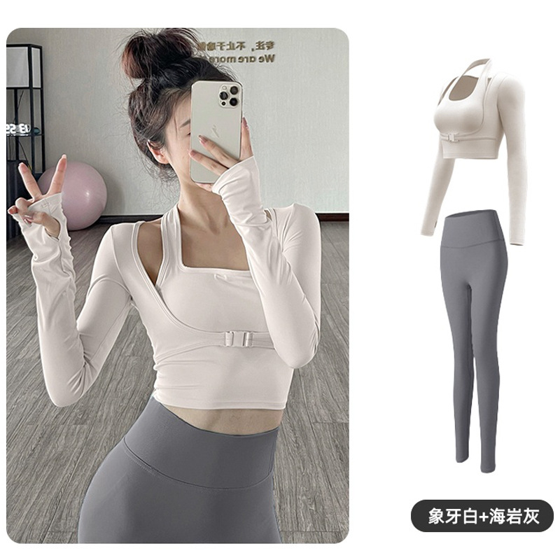 速干跑步套装健身运动紧身吊带性感固定胸垫假两件上衣长袖瑜伽服
