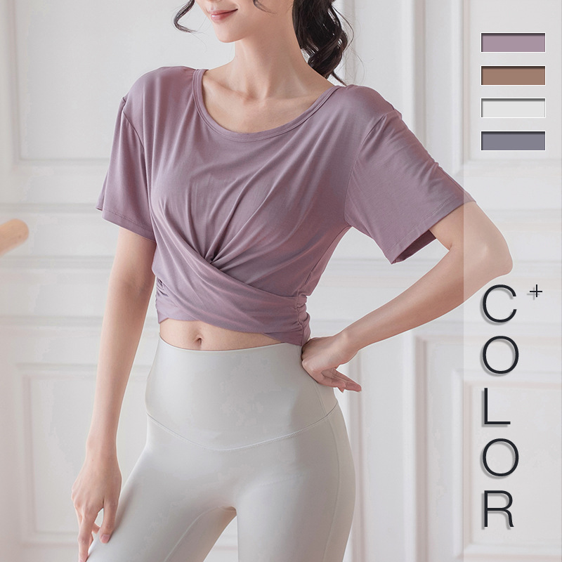 瑜伽服女夏舒适圆领健身服短款运动T恤衫绑带透气修身跑步瑜伽服