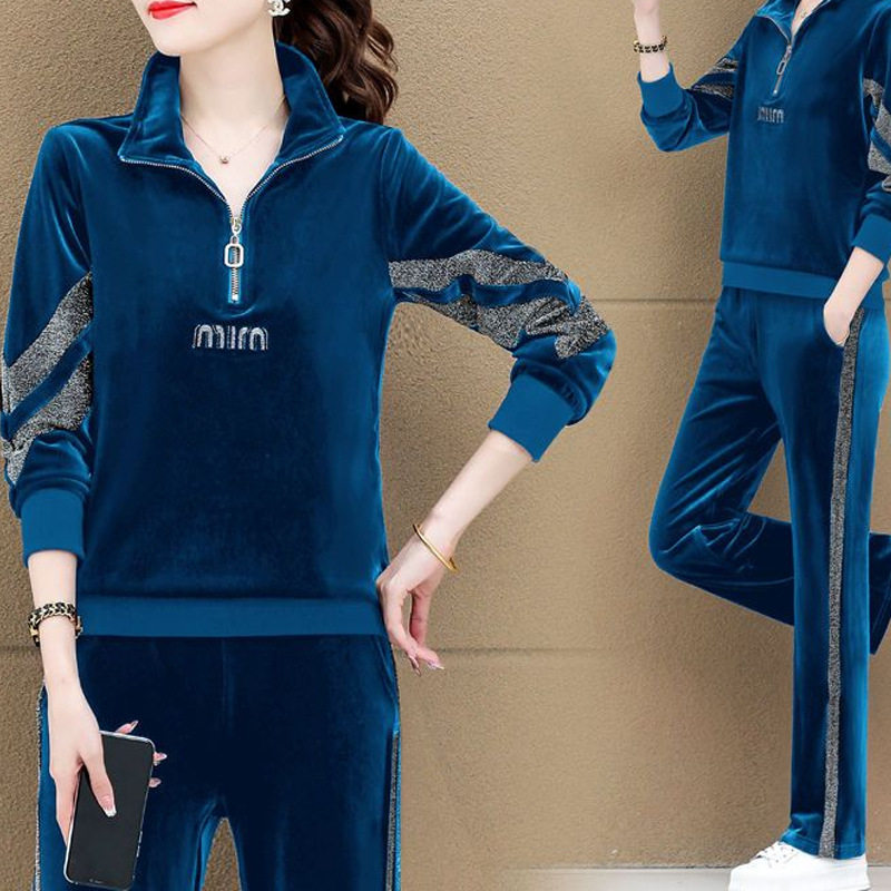 金丝绒运动休闲服套装女士春秋2024新款宽松阔腿裤减龄气质两件套