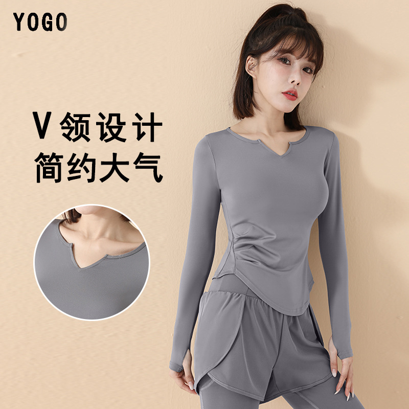 感瑜伽服女2025春秋新款速干长袖v领t恤运动上衣跑步健身衣